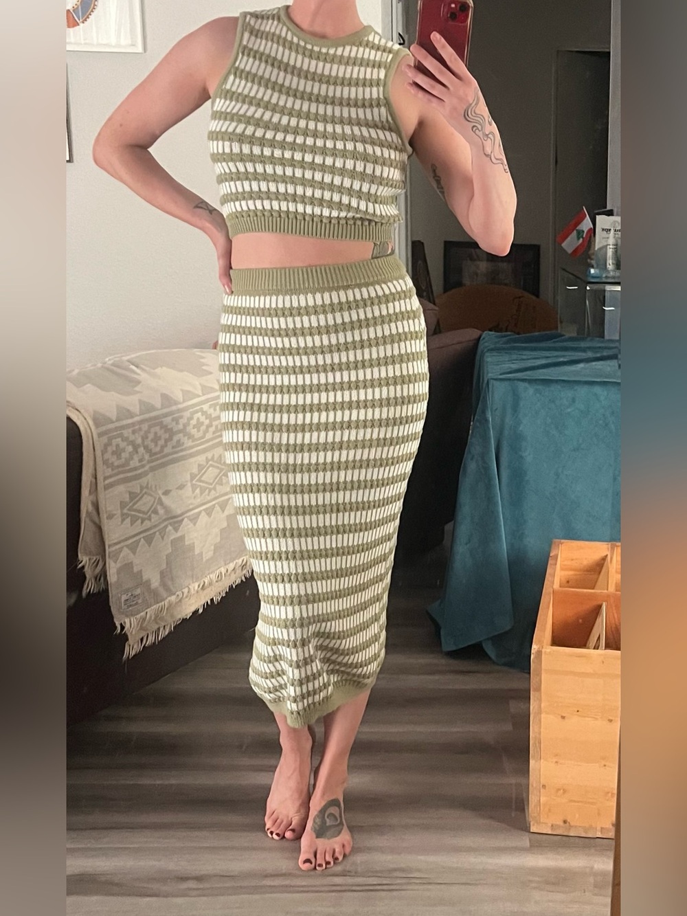 Miou Muse Olive Green & Cream Knit Two-Piece Midi Skirt Set
